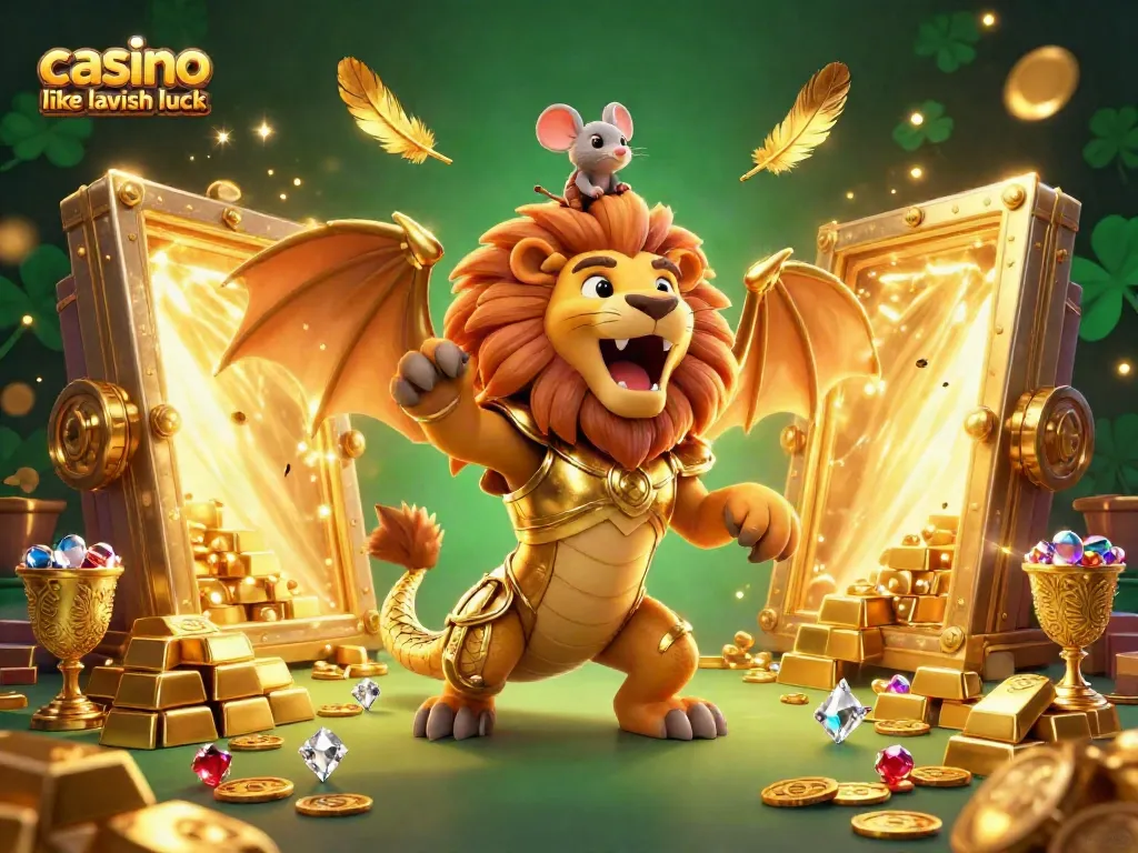 Spin big wins in a vibrant scene depicting casino like lavish luck with a roaring chimera and treasures galore.