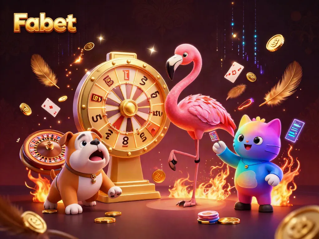 Experience thrilling winnings with Fabet in this vibrant casino scene featuring dynamic characters and gaming elements.