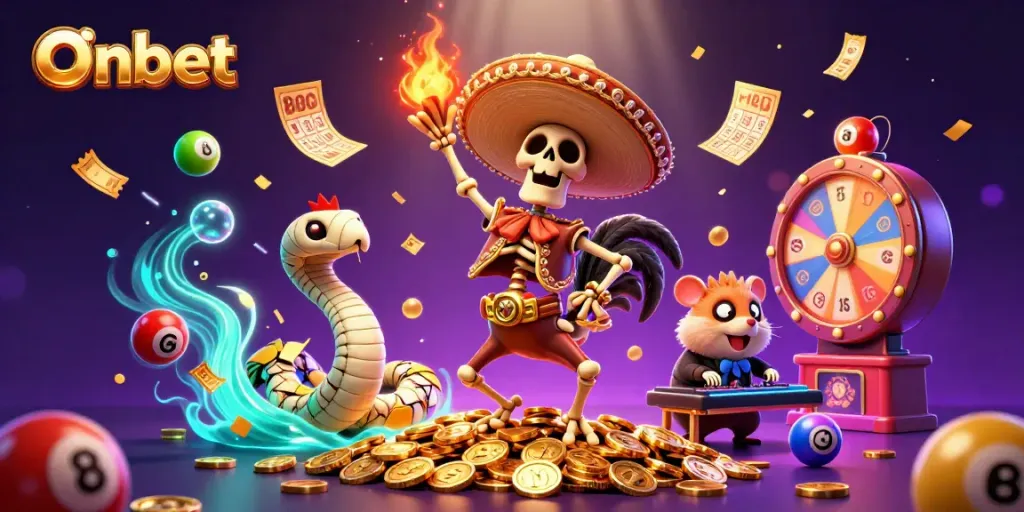 Onbet showcases a lively celebration with a mariachi rooster and a mummy snake amidst golden casino elements.