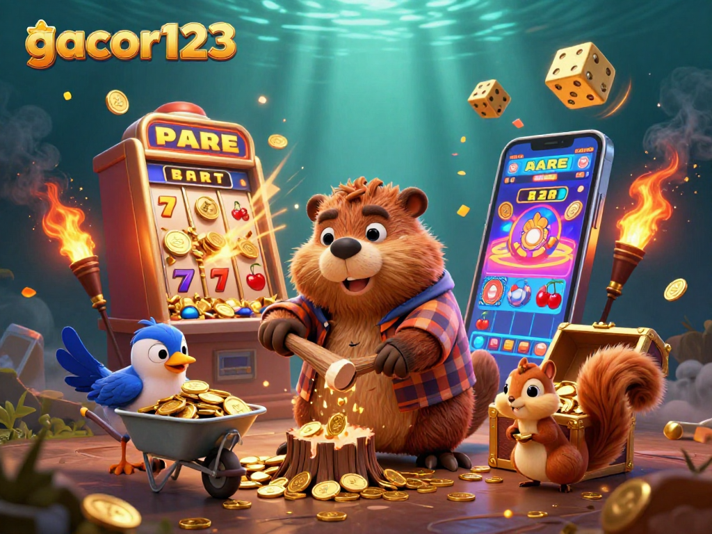 Play slots and win with gacor123 in this vibrant 3D gaming illustration packed with excitement.