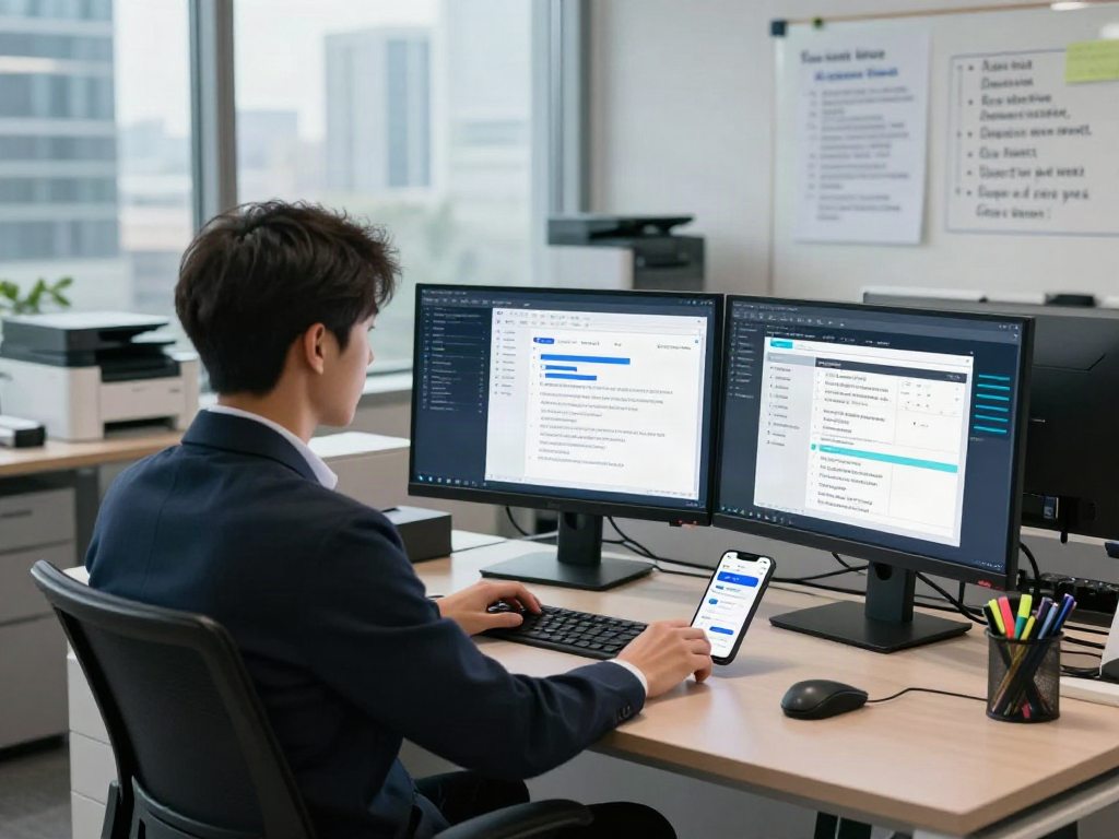 Professional cybersecurity analyst working with document fraud detection software in a modern office.