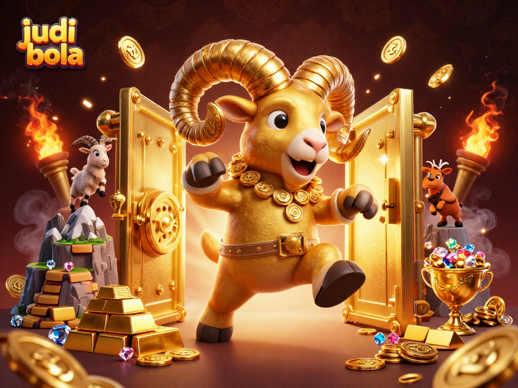 Experience the thrill of judi bola betting as golden riches and treasures burst from the vault in this vibrant illustration.