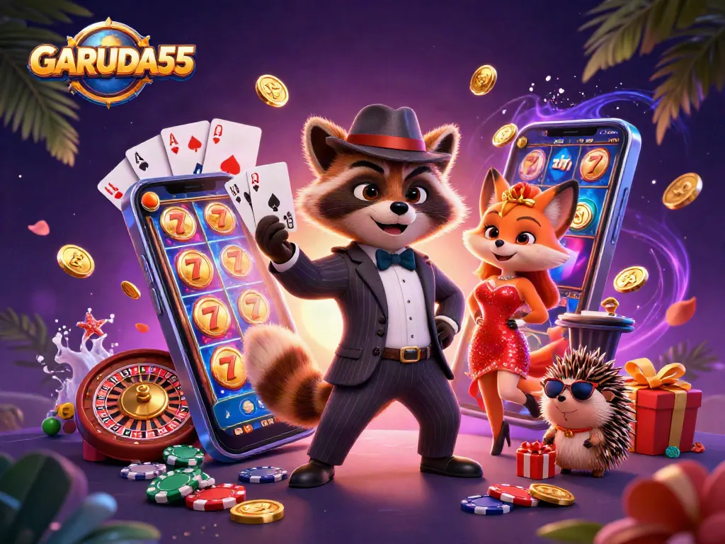 Experience GARUDA55 excitement with a raccoon in a suit, a fox lady, and a bouncer amidst vibrant casino elements.