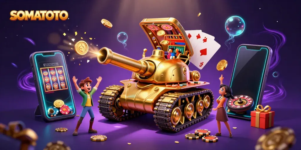 SOMATOTO-themed 3D illustration of a golden beetle tank casino bursting with confetti and coins