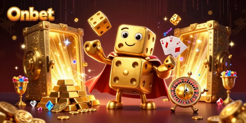Experience Onbet's thrilling casino adventure with a dynamic golden dice golem and treasures galore.