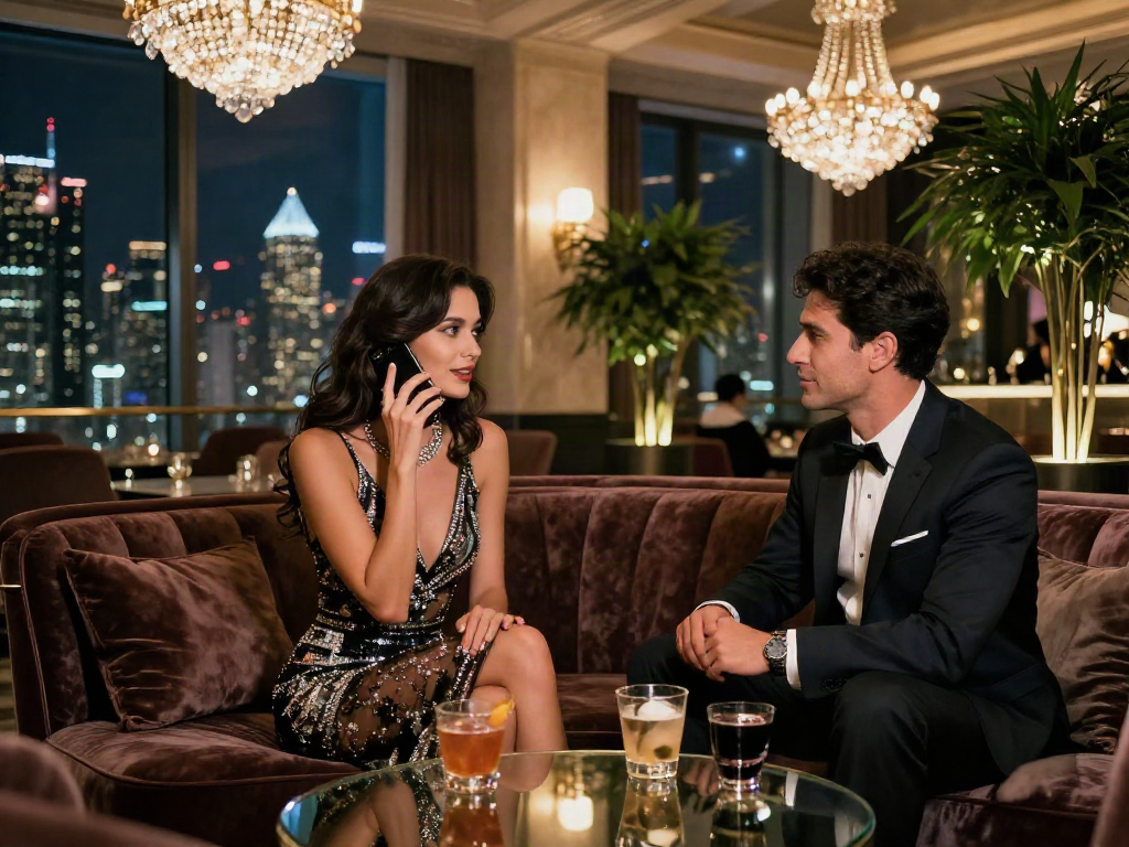 Call girls engaging in lively conversation at an upscale hotel, showcasing sophistication and elegance.