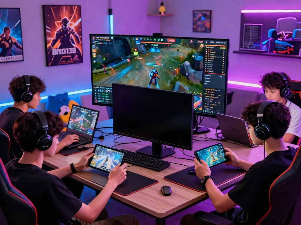 Engaging Bro138 digital-first gaming scene with players using mobile devices and laptops in a vibrant atmosphere.