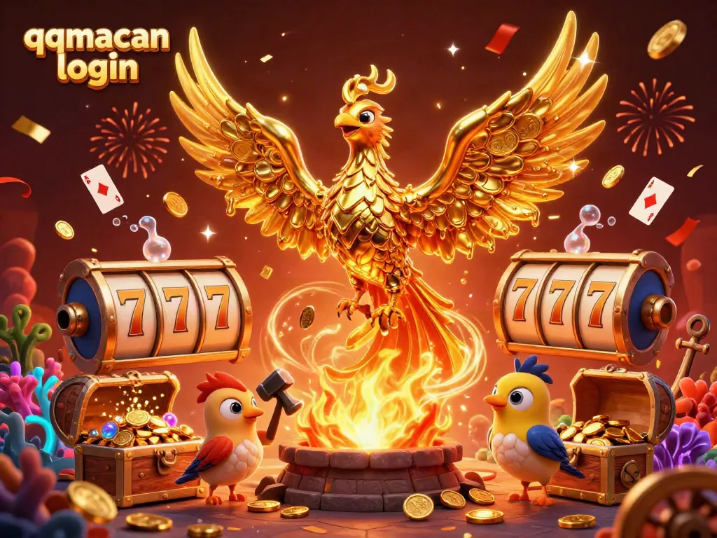Experience thrilling games with qqmacan login, featuring a golden phoenix in a casino scene full of excitement.