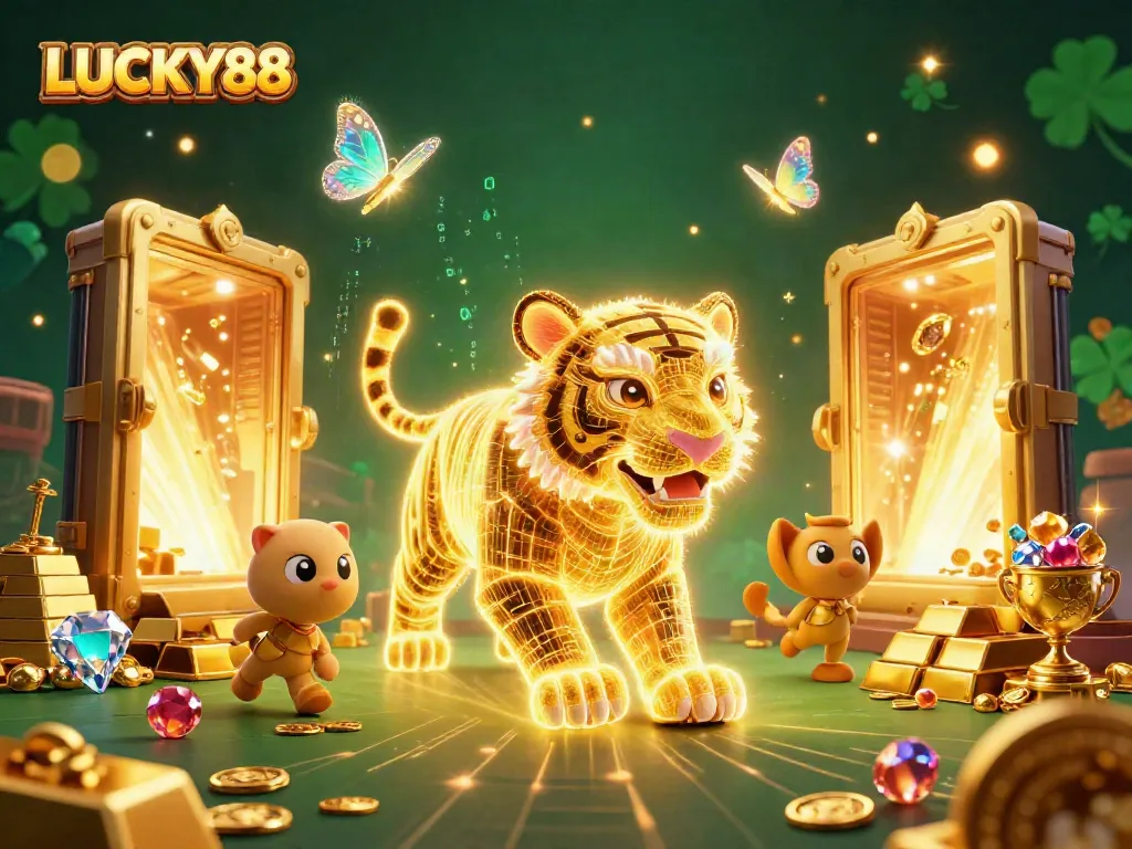 Experience the thrill of LUCKY88 in a vibrant digital casino illuminated with treasures and energy.