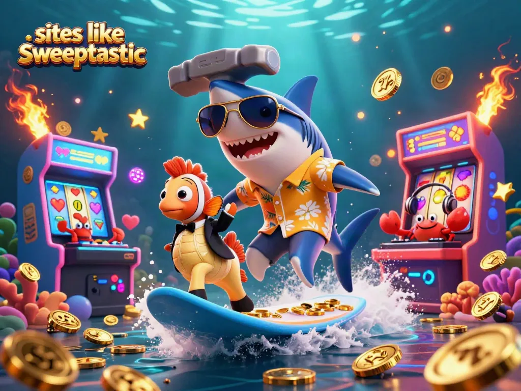 Play exciting games like Sweeptastic in a 3D colorful casino world full of gold coins.