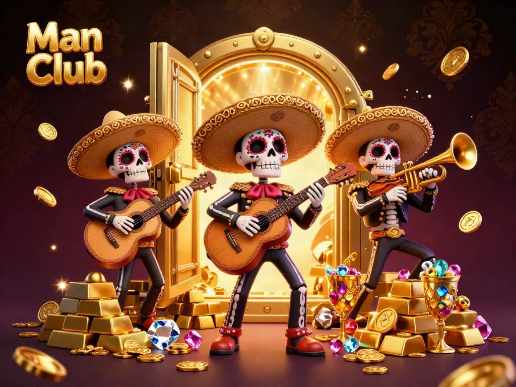 Experience thrilling wins at Man Club with vibrant games and treasures in 3D illustration.