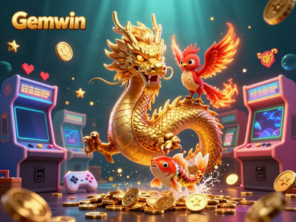 Experience Gemwin's thrilling gaming adventure with a golden dragon, phoenix, and koi fish amidst casino elements.