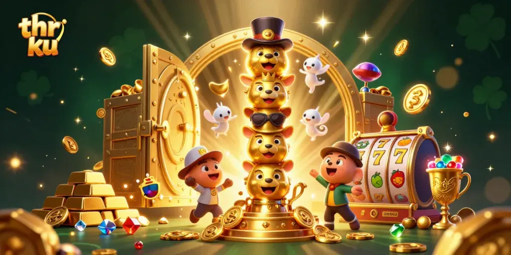 Experience thrilling slots with thr ku in this vibrant 3D casino illustration featuring golden treasures.