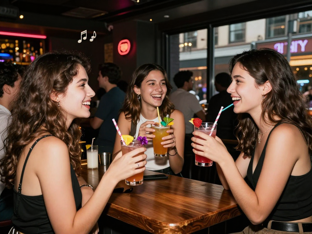 Gái gọi tận hưởng buổi tối sôi động tại quán bar hiện đại, bạn bè cùng uống cocktail.