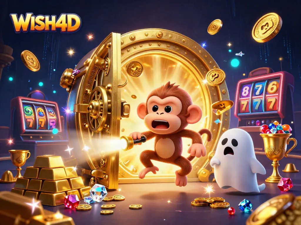 Engage in thrilling gameplay with WISH4D, featuring a playful poltergeist monkey juggling treasures in a vibrant casino.