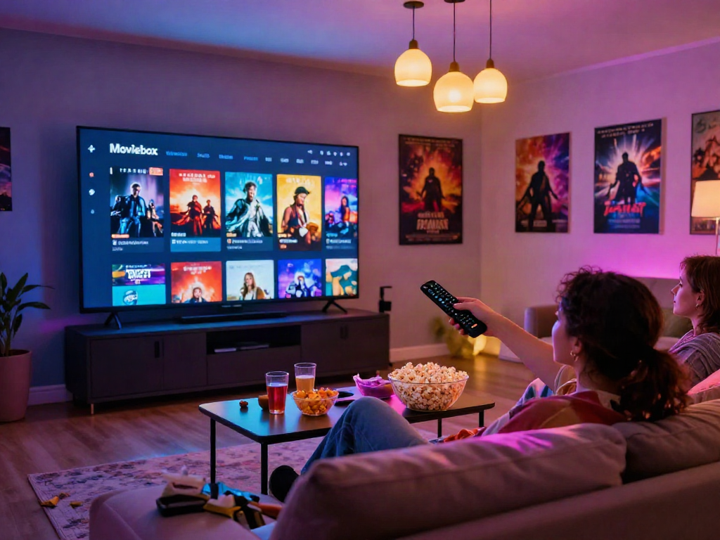 Enjoying the Moviebox app in a cozy home theater with snacks and vibrant lighting.