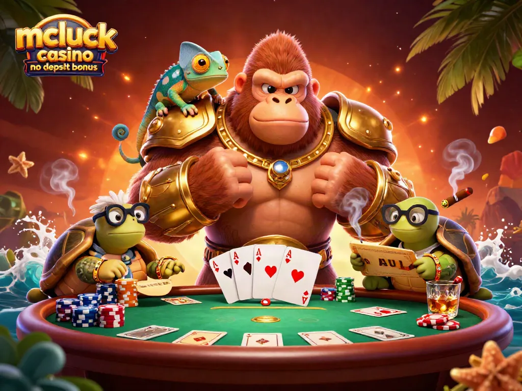 Experience the mcluck casino no deposit bonus with a vibrant 3D casino adventure featuring colorful characters and poker elements.