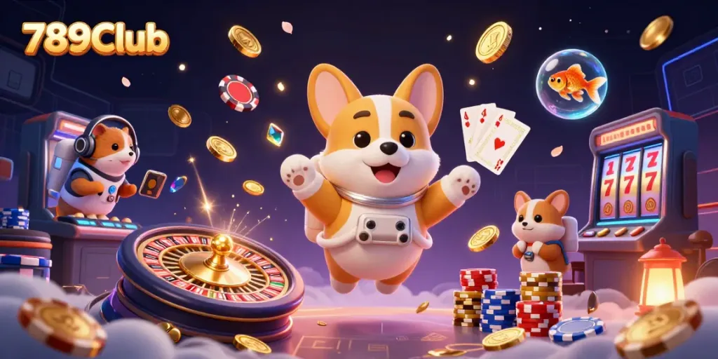 789Club engages players with a cartoonish astronaut corgi in a vibrant space casino.