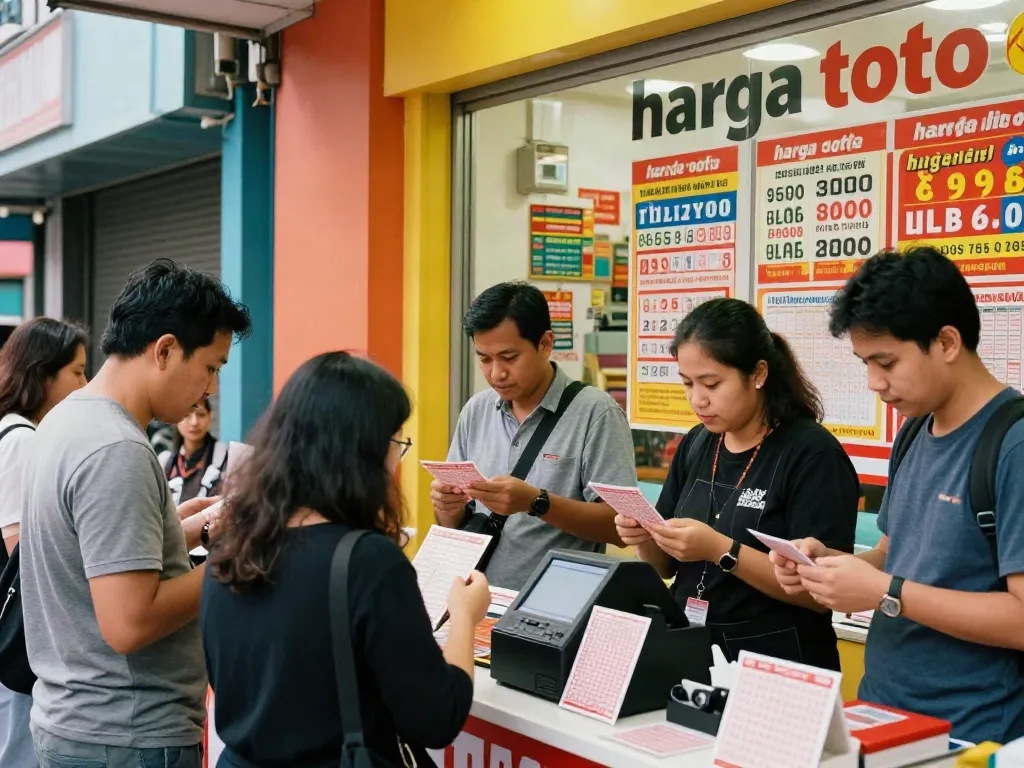 Engaged visitors discussing harga toto lottery tickets in a lively urban shop.