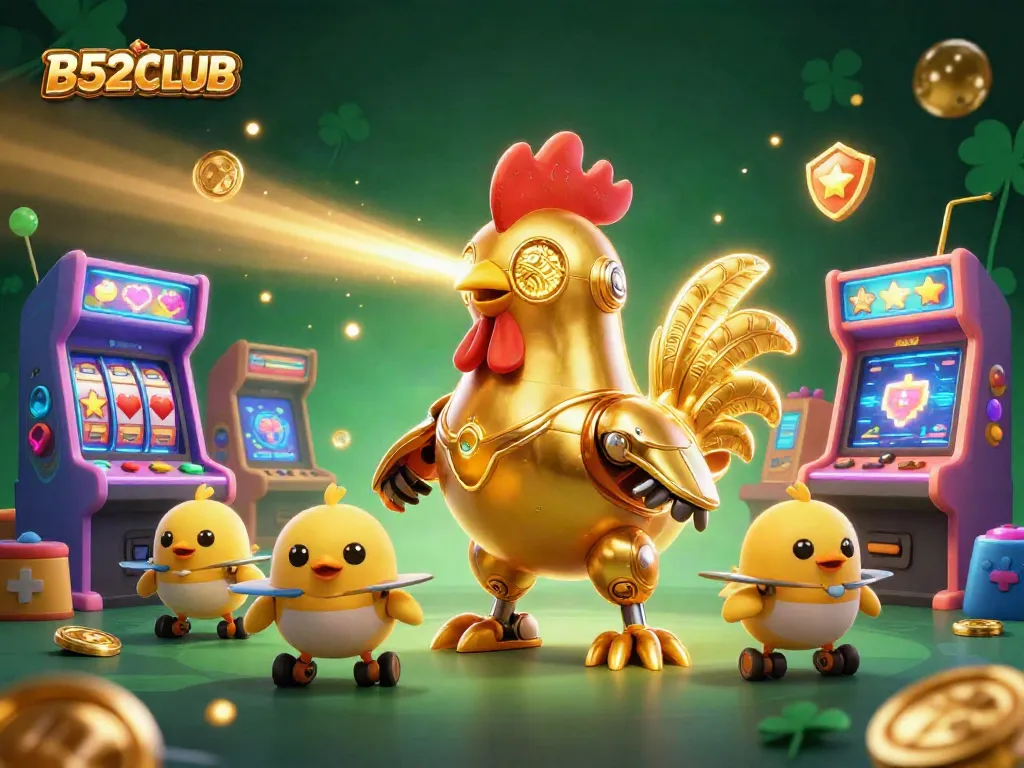 B52CLUB presents a dynamic scene with a golden rooster robot and baby chick drones amidst vibrant gaming elements.