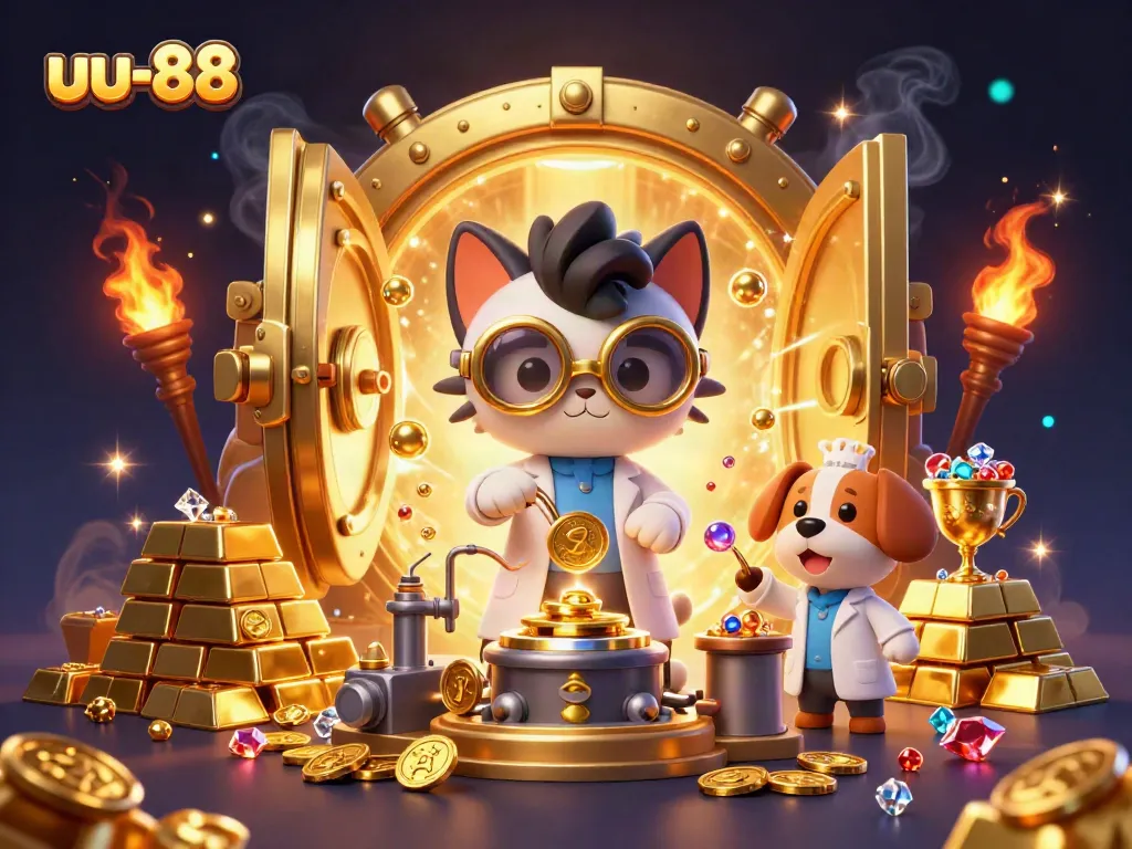 uu-88 showcases a mad scientist cat and dog in a rich casino lab, creating gold coins.