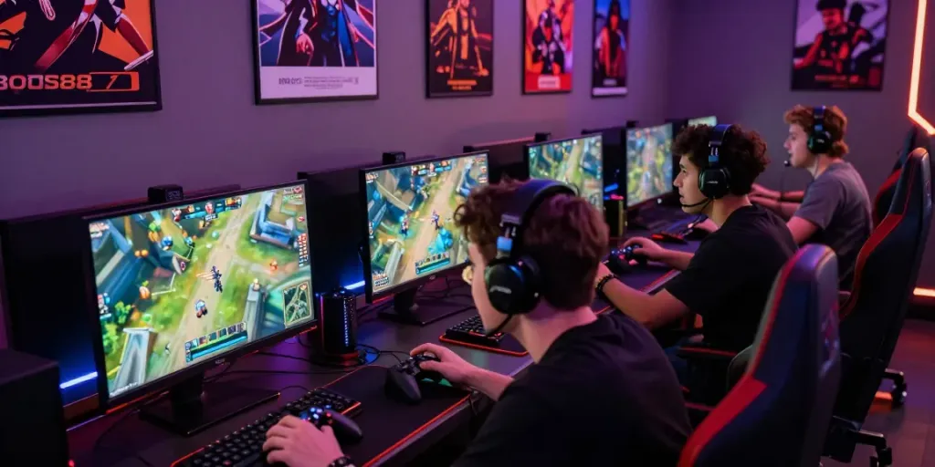 Engaged players in a dynamic BOS88 gaming room, showcasing online gaming excitement and atmosphere.