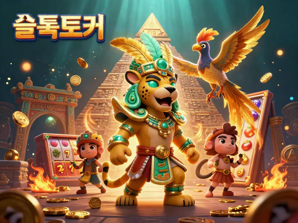 Experience the thrill of slots with 슬롯토커 in this vibrant 3D casino scene.