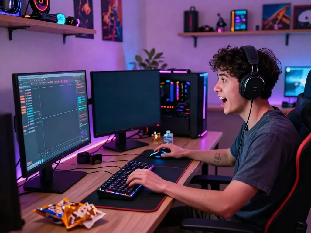 Gamer immersed in a thrilling qqmacan gaming session at a high-tech setup