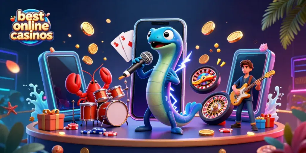 Experience the excitement of the best online casinos with a vibrant underwater DJ scene featuring an electric eel and band.