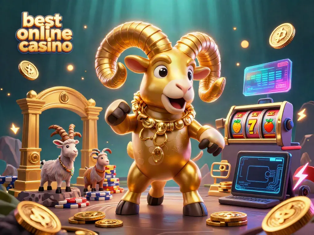 Experience the excitement of the best online casino with a golden ram charging through slot symbols and crypto coins.